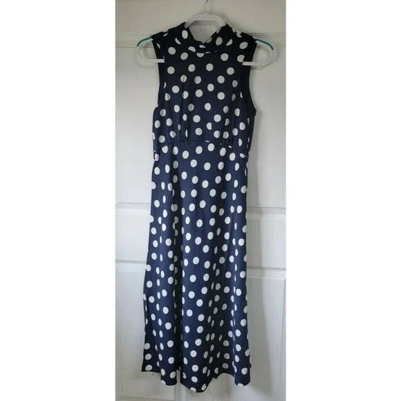 Most Of All Coralie Satin Sleeveless Midi Dress Navy Blue White Polka Dot Size 4 - Picture 2 of 10